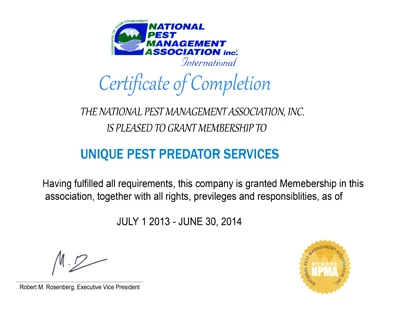 NPMA National Pest Management Association Certificate — Unique Fumigation Services Karachi