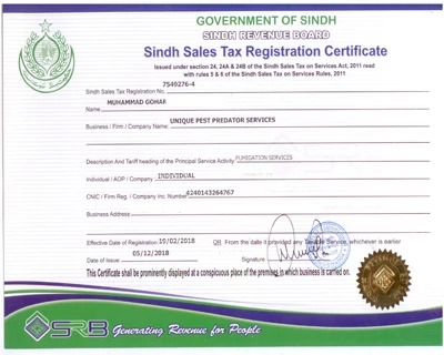 Sindh Revenue Board (SRB) Registration Certificate — Unique Fumigation Services Karachi
